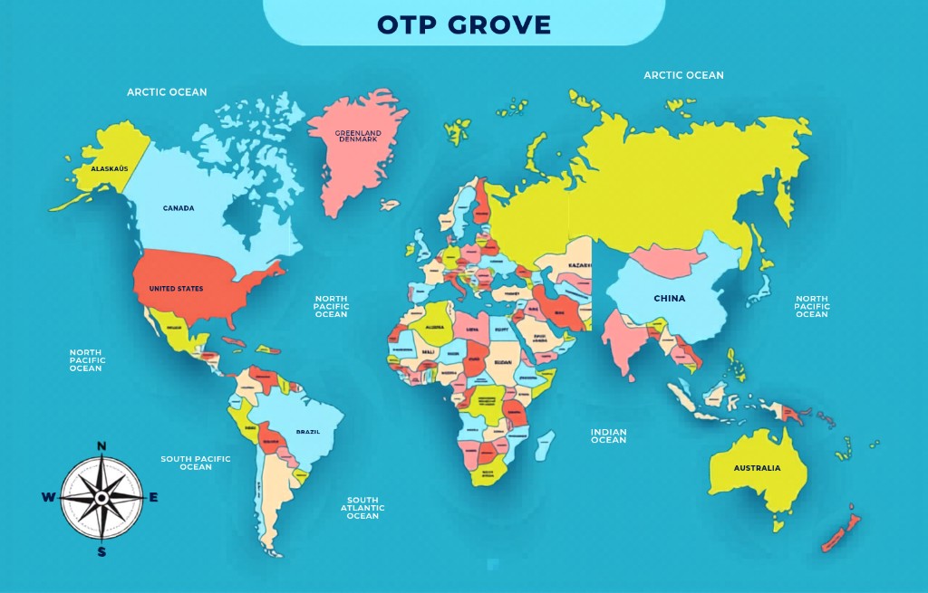 OTP Grove global SMS verification coverage map — 150+ countries for non-VoIP numbers